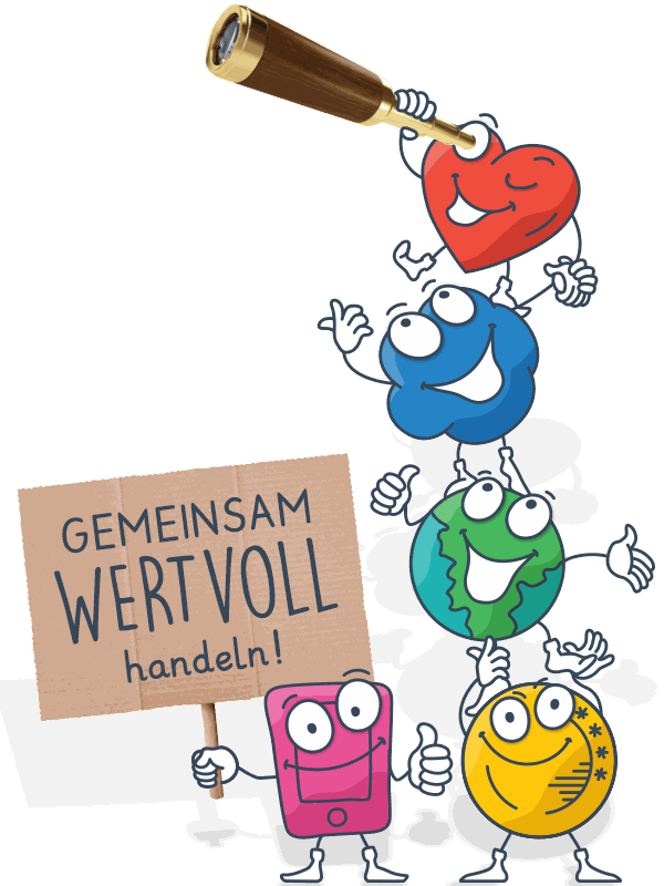 Die Maskottchen stehen als Turm übereinander und halten ein Schild: „Gemeinsam WERTvoll handeln!“
